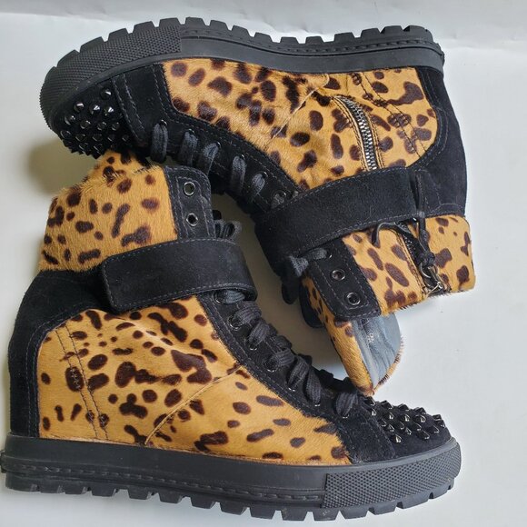 MIU MIU SUEDE PONY HAIR SPIKED HI TOP SNEAKERS - Picture 3 of 8